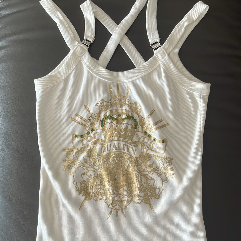 Yuka Top Quality tank. Gold with green rhinestones & silver rhinestones buckle
